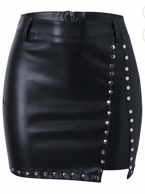 Rivet Faux Leather  Skirt High Waist Invisible Zipper Mini
